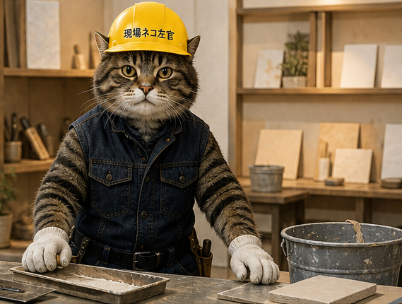 代表ネコが作業台の前に立っている