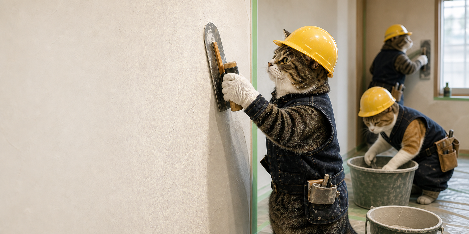 ヘルメットをかぶった職人ネコたちが左官作業をしている現場