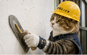 漆喰を仕上げる職人ネコ